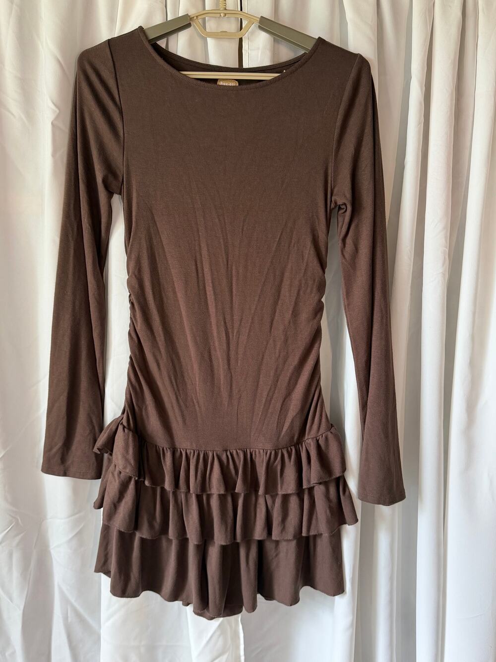 Free People Free-Est Chocolate Brown Ruched Long Sleeve Ruffle Mini Dress L